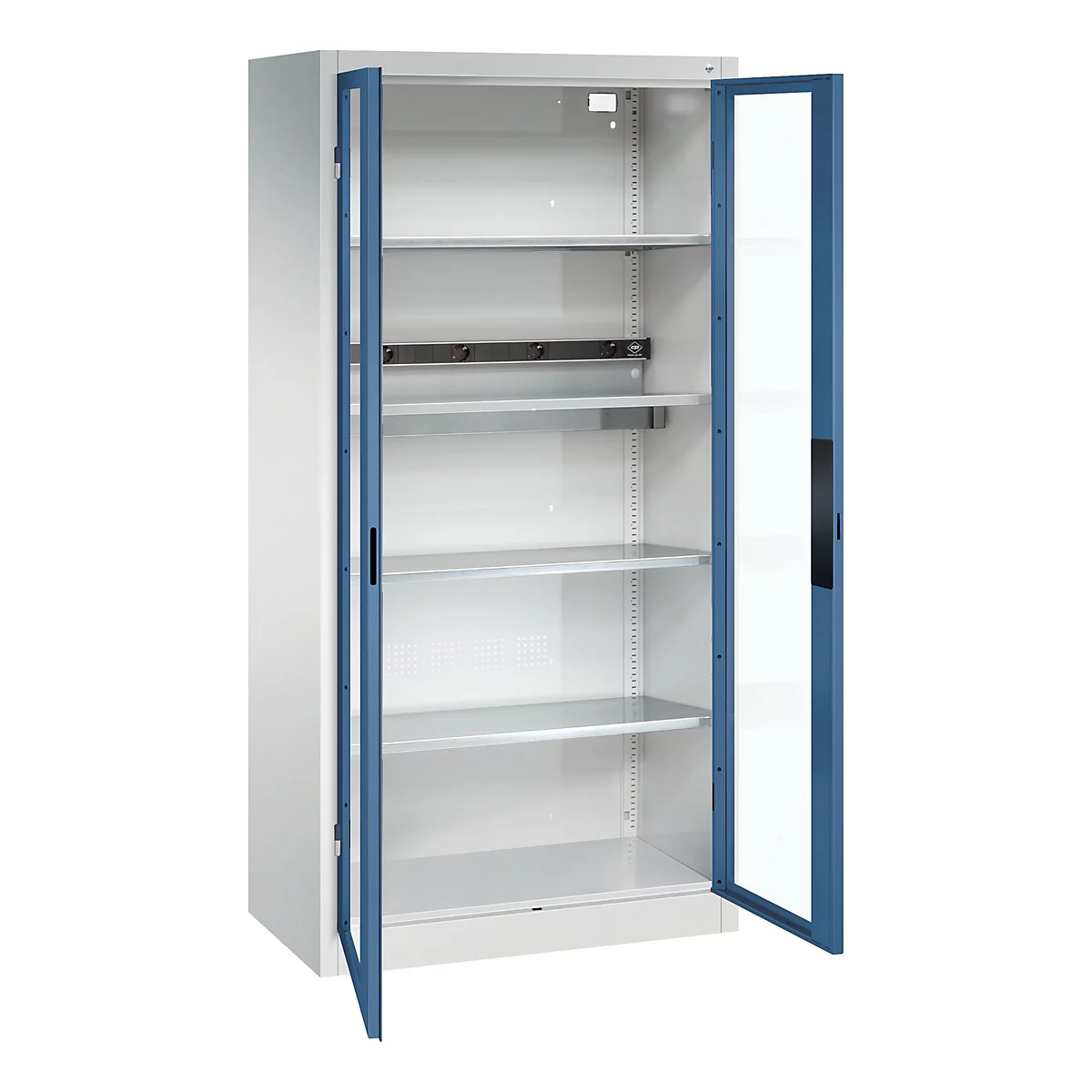C+P Akkuladeschrank Acurado, abschließbar, mit Inneneinrichtung, B 930 x T 500 x H 1950 mm, Stahl, fernblau RAL 5023/lichtgrau RAL 7035