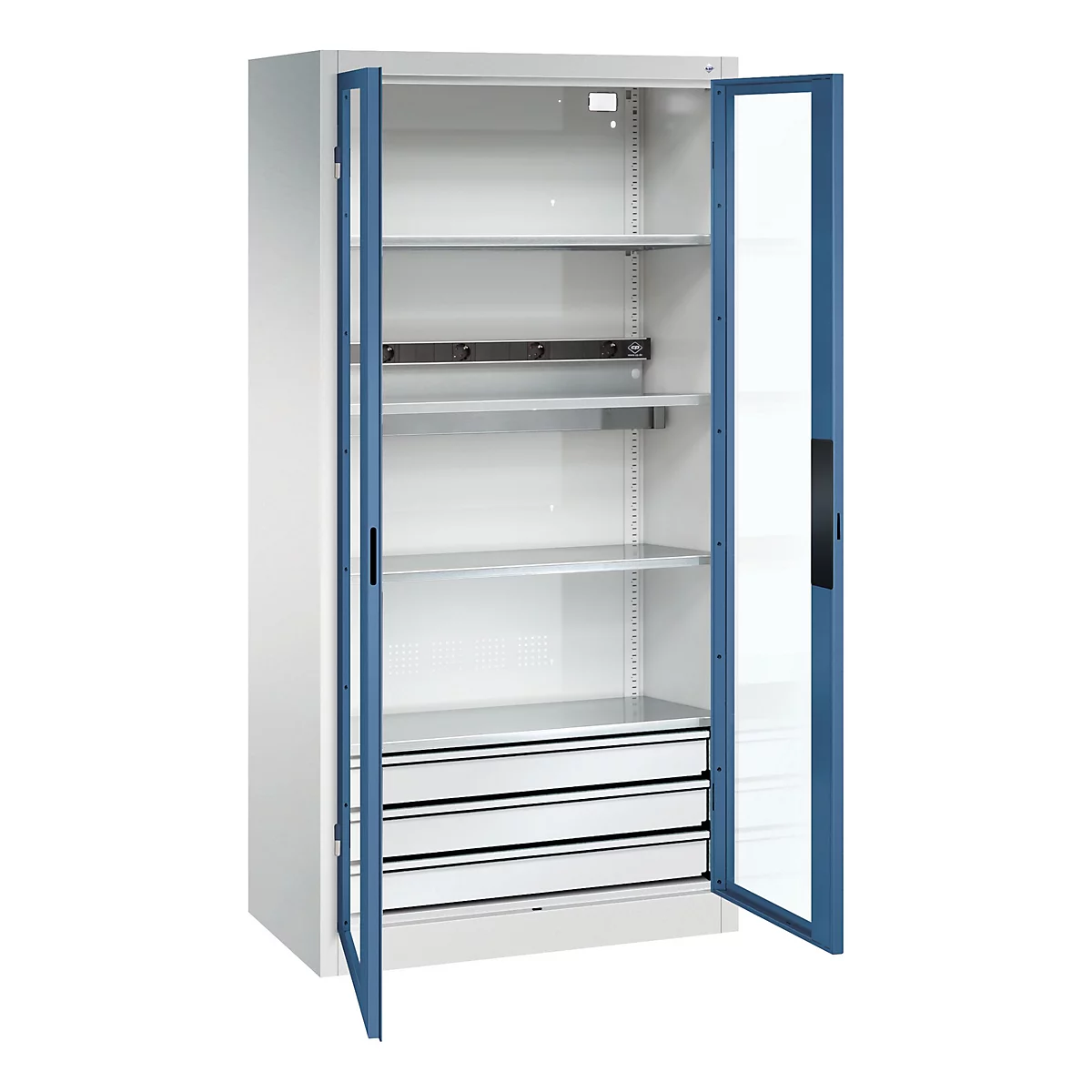 C+P Akkuladeschrank Acurado, abschließbar, mit Inneneinrichtung, B 930 x T 500 x H 1950 mm, Stahl, fernblau RAL 5023/lichtgrau RAL 7035