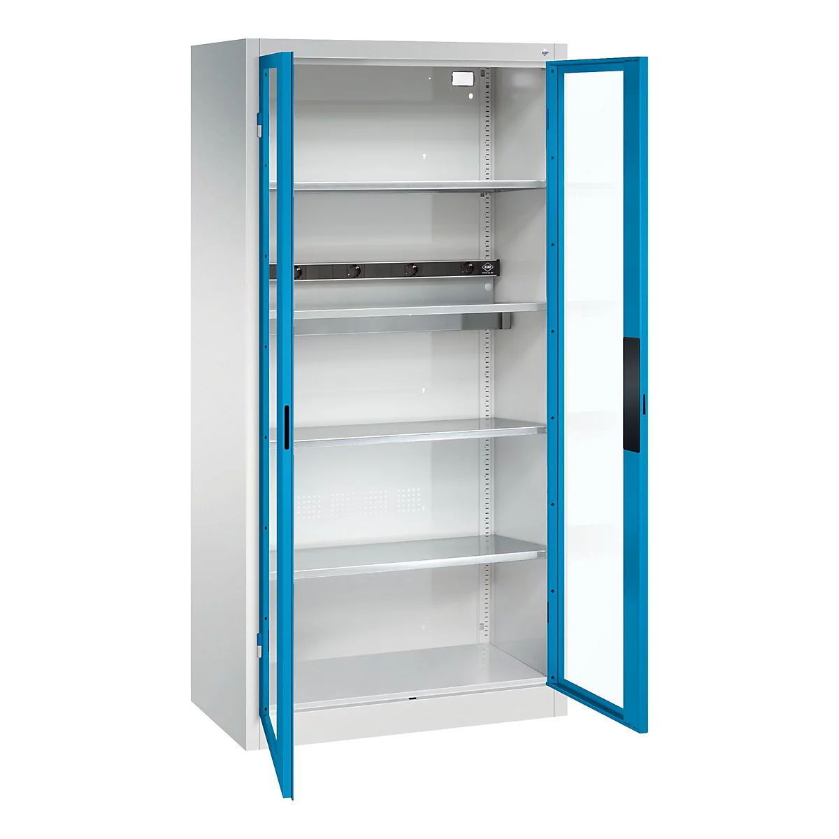 C+P Akkuladeschrank Acurado, abschließbar, mit Inneneinrichtung, B 930 x T 500 x H 1950 mm, Stahl, lichtblau RAL 5012/lichtgrau RAL 7035