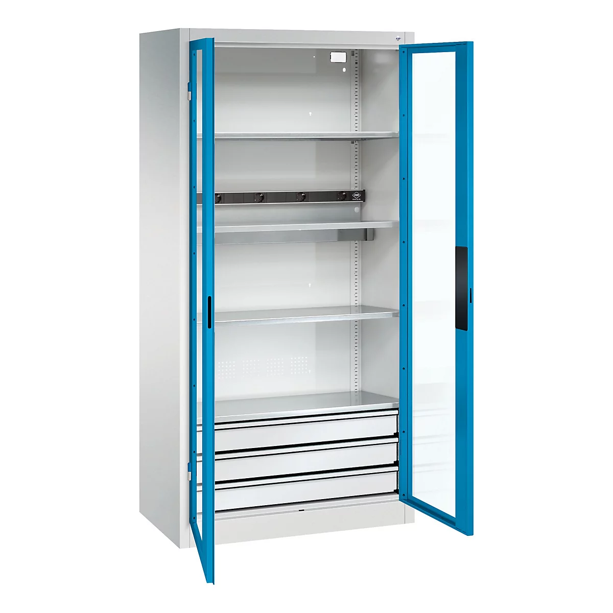 C+P Akkuladeschrank Acurado, abschließbar, mit Inneneinrichtung, B 930 x T 500 x H 1950 mm, Stahl, lichtblau RAL 5012/lichtgrau RAL 7035