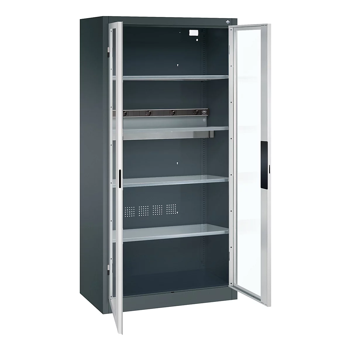 C+P Akkuladeschrank Acurado, abschließbar, mit Inneneinrichtung, B 930 x T 500 x H 1950 mm, Stahl, lichtgrau RAL 7035/anthrazitgrau RAL 7016