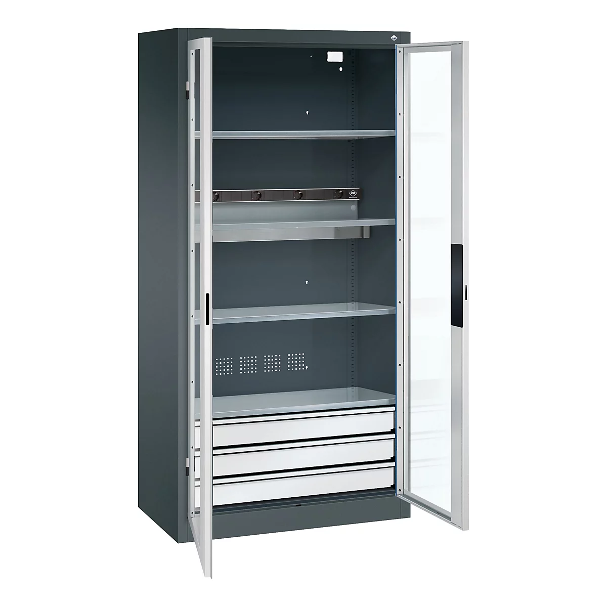 C+P Akkuladeschrank Acurado, abschließbar, mit Inneneinrichtung, B 930 x T 500 x H 1950 mm, Stahl, lichtgrau RAL 7035/anthrazitgrau RAL 7016