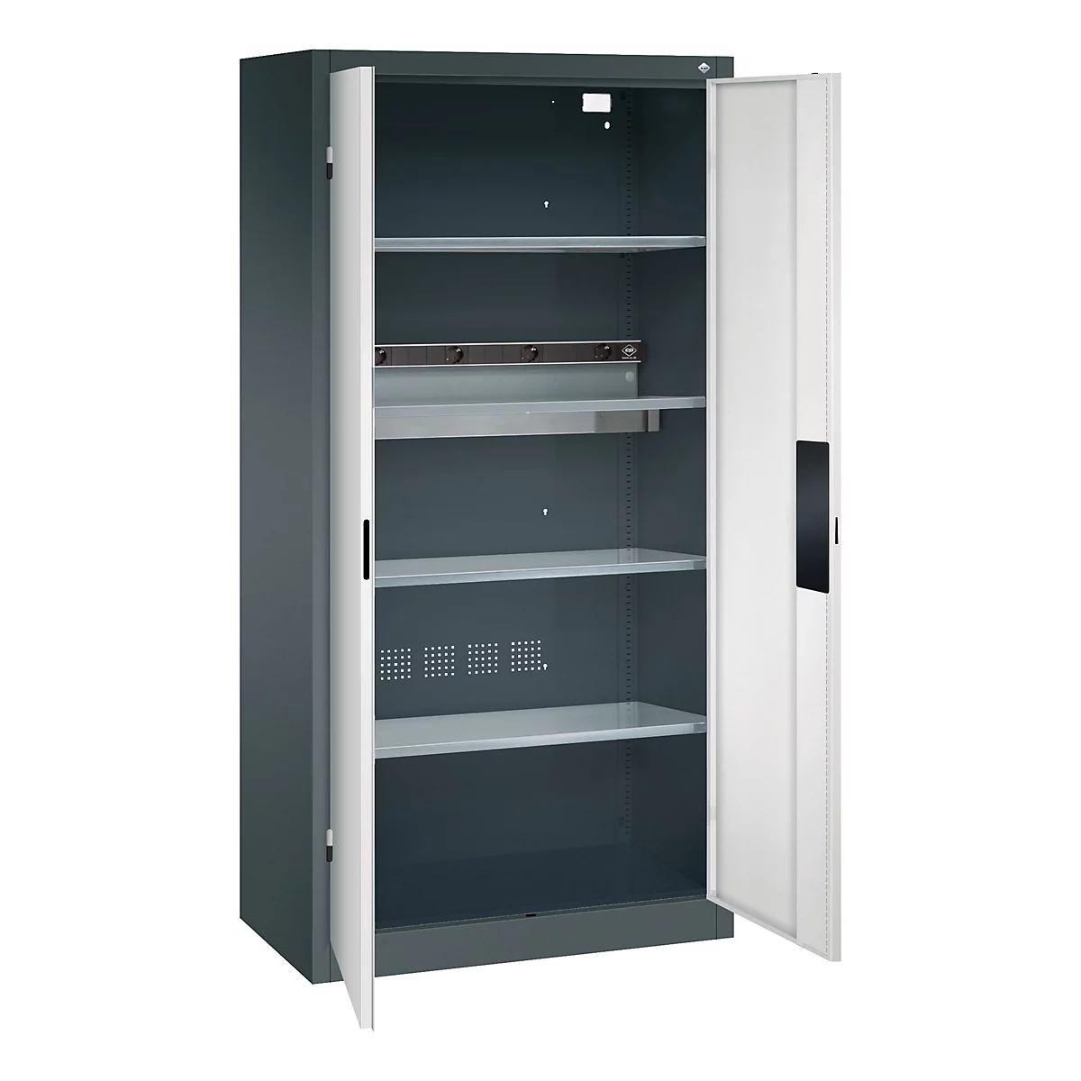 C+P Akkuladeschrank Acurado, abschließbar, mit Inneneinrichtung, B 930 x T 500 x H 1950 mm, Stahl, lichtgrau RAL 7035/anthrazitgrau RAL 7016