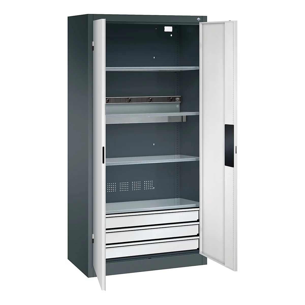 C+P Akkuladeschrank Acurado, abschließbar, mit Inneneinrichtung, B 930 x T 500 x H 1950 mm, Stahl, lichtgrau RAL 7035/anthrazitgrau RAL 7016