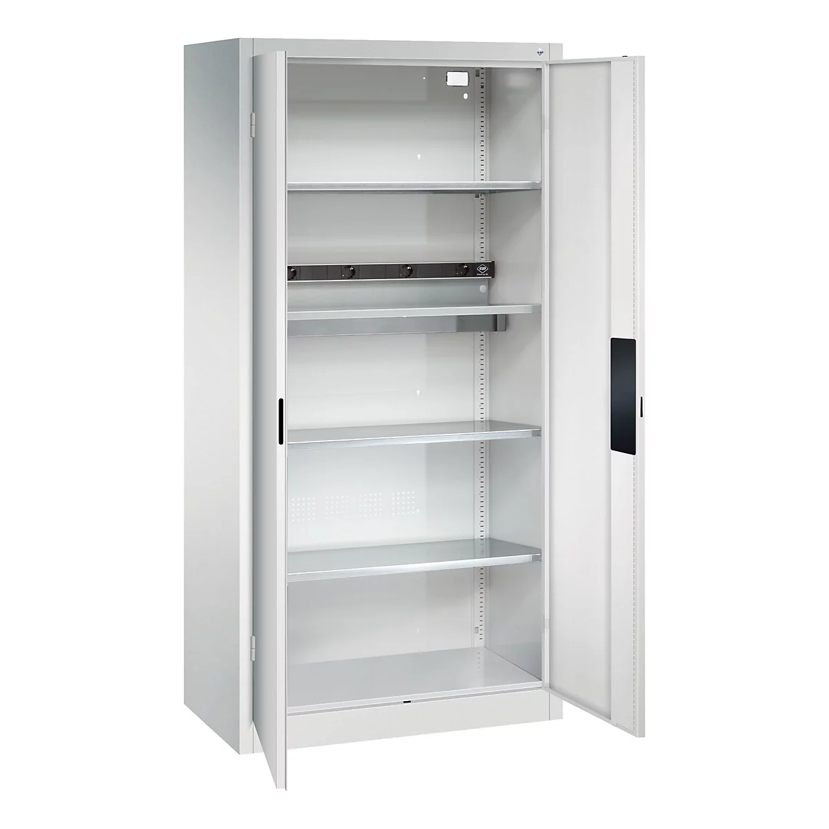 C+P Akkuladeschrank Acurado, abschließbar, mit Inneneinrichtung, B 930 x T 500 x H 1950 mm, Stahl, lichtgrau RAL 7035/lichtgrau RAL 7035