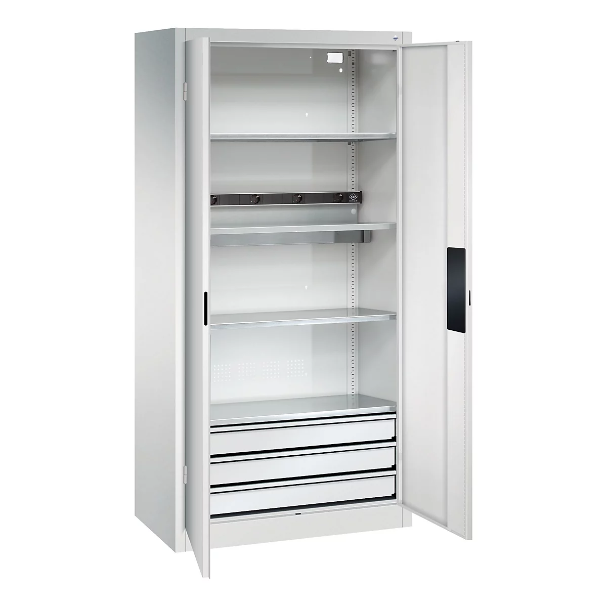 C+P Akkuladeschrank Acurado, abschließbar, mit Inneneinrichtung, B 930 x T 500 x H 1950 mm, Stahl, lichtgrau RAL 7035/lichtgrau RAL 7035