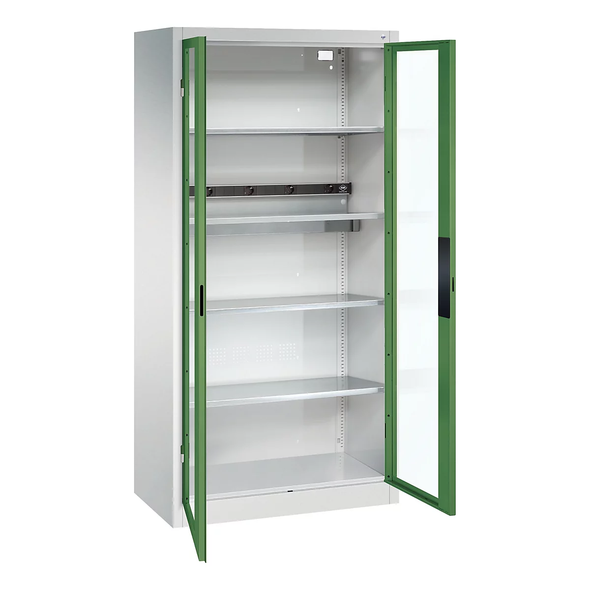 C+P Akkuladeschrank Acurado, abschließbar, mit Inneneinrichtung, B 930 x T 500 x H 1950 mm, Stahl, resedagrün RAL 6011/lichtgrau RAL 7035