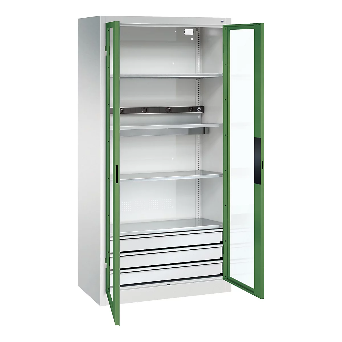 C+P Akkuladeschrank Acurado, abschließbar, mit Inneneinrichtung, B 930 x T 500 x H 1950 mm, Stahl, resedagrün RAL 6011/lichtgrau RAL 7035