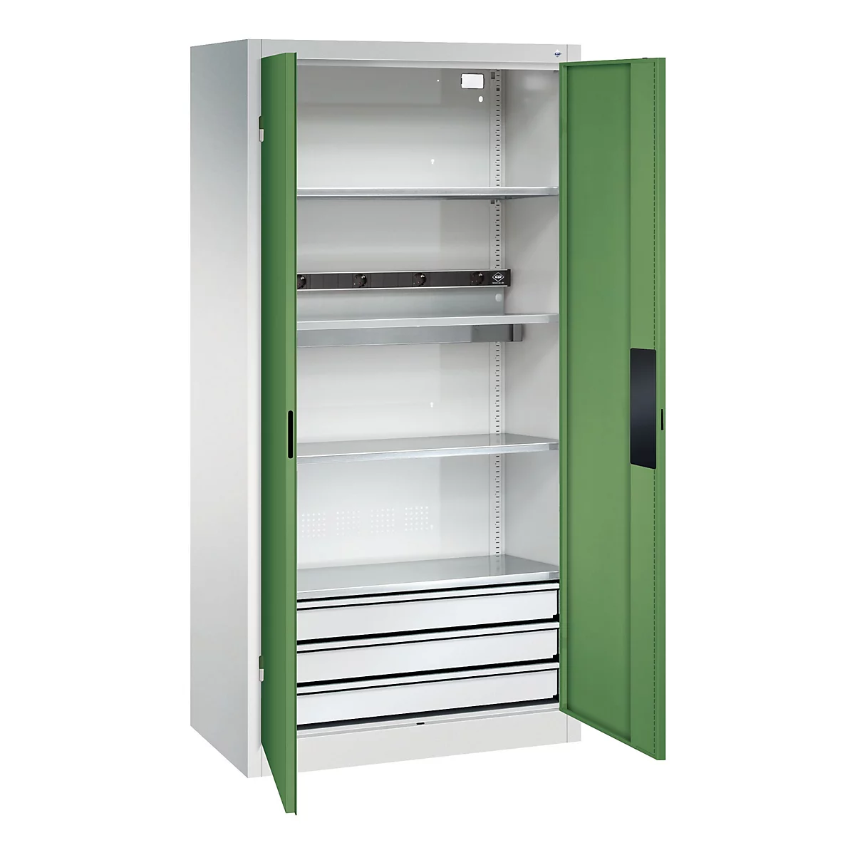 C+P Akkuladeschrank Acurado, abschließbar, mit Inneneinrichtung, B 930 x T 500 x H 1950 mm, Stahl, resedagrün RAL 6011/lichtgrau RAL 7035