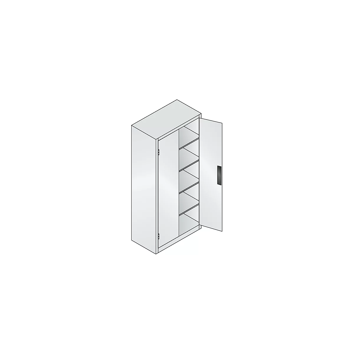 Grauer Schrank mit einer geöffneten Tür, dahinter sind Regale zu sehen.