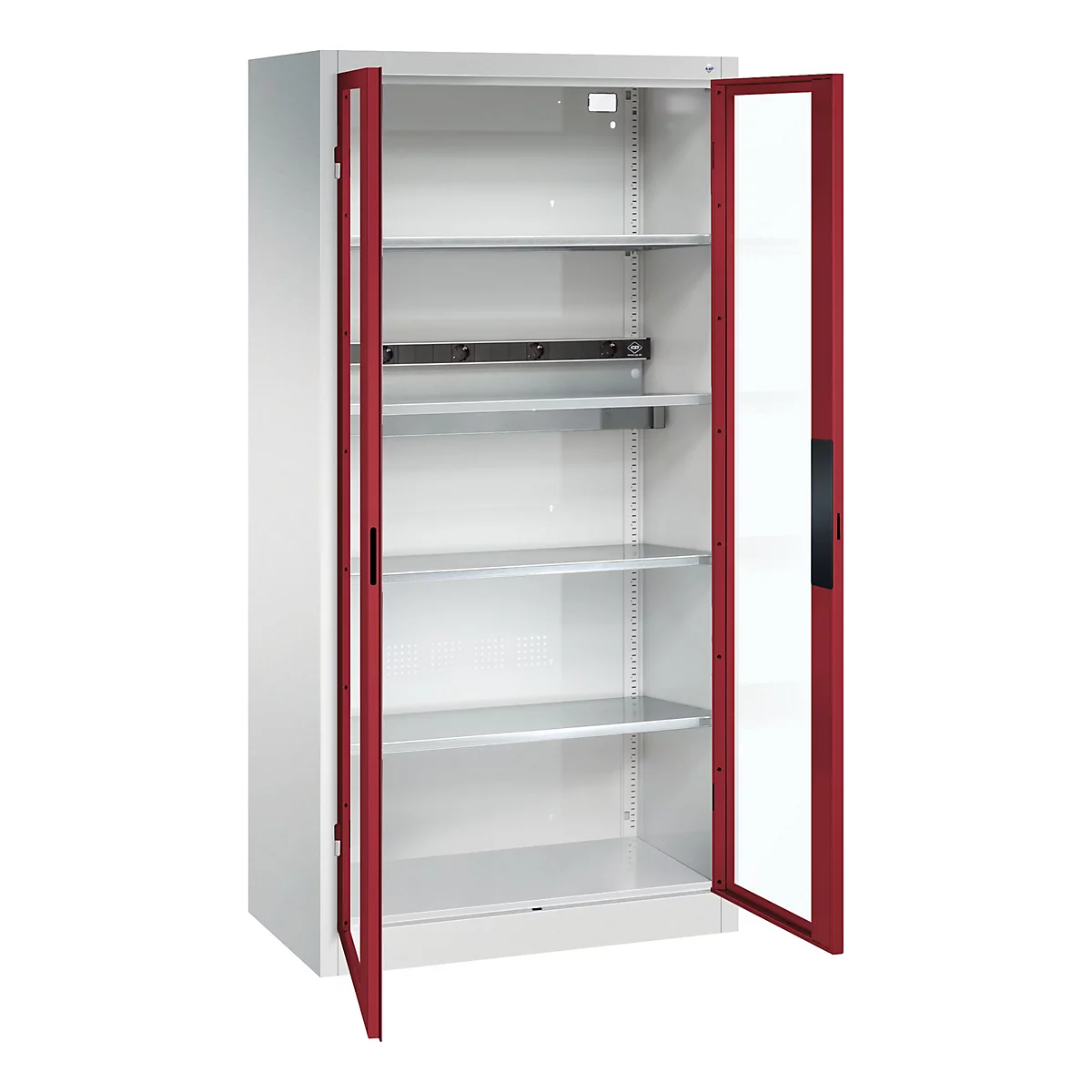 C+P Akkuladeschrank Acurado, abschließbar, mit Inneneinrichtung, B 930 x T 500 x H 1950 mm, Stahl, rubinrot RAL 3003/lichtgrau RAL 7035