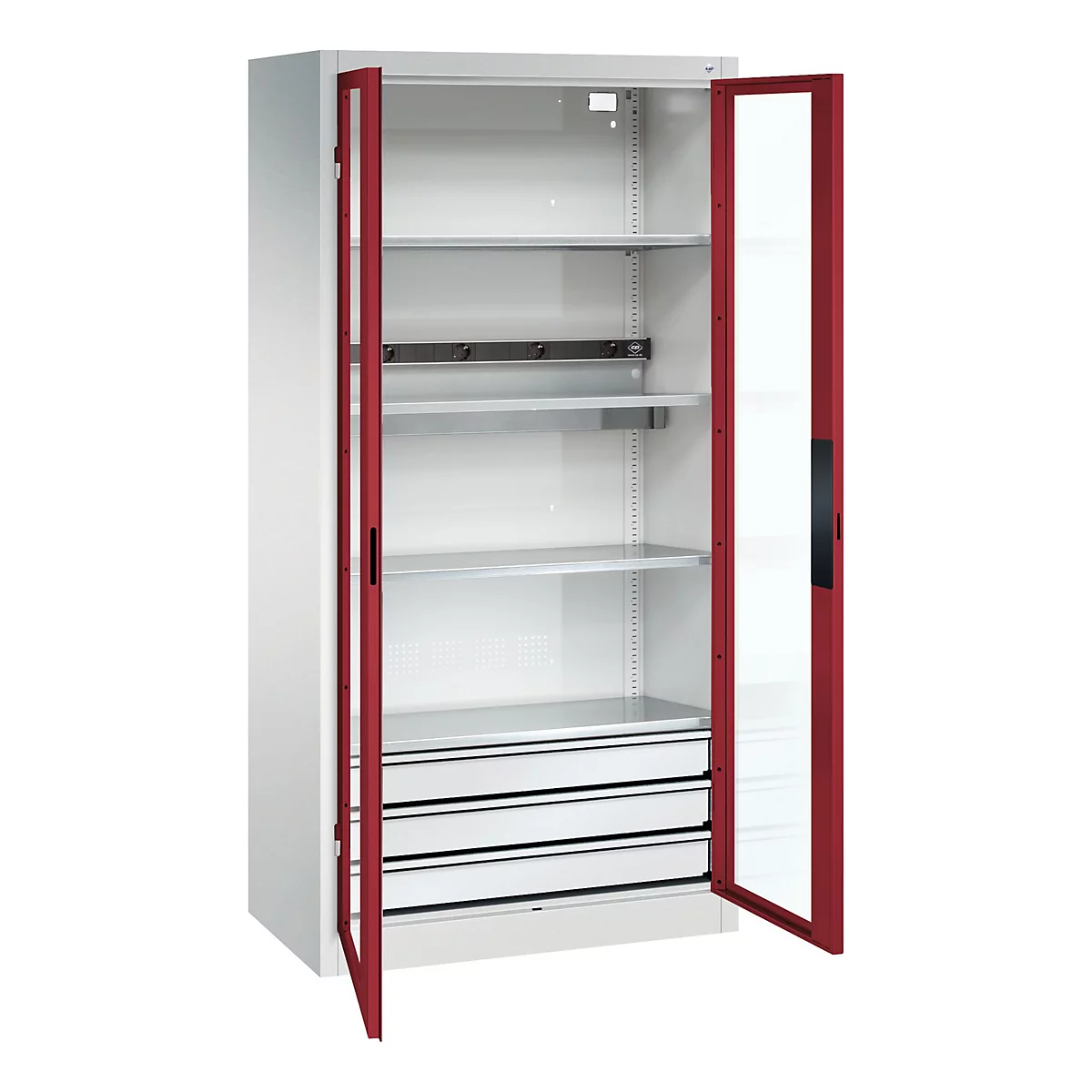 C+P Akkuladeschrank Acurado, abschließbar, mit Inneneinrichtung, B 930 x T 500 x H 1950 mm, Stahl, rubinrot RAL 3003/lichtgrau RAL 7035