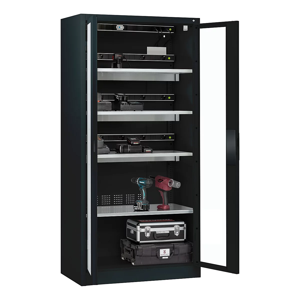C+P Akkuladeschrank Acurado, abschließbar, mit Lüftung + Inneneinrichtung, B 930 x T 500 x H 1950 mm, Stahl, anthrazitgrau RAL 7016/anthrazitgrau RAL 7016