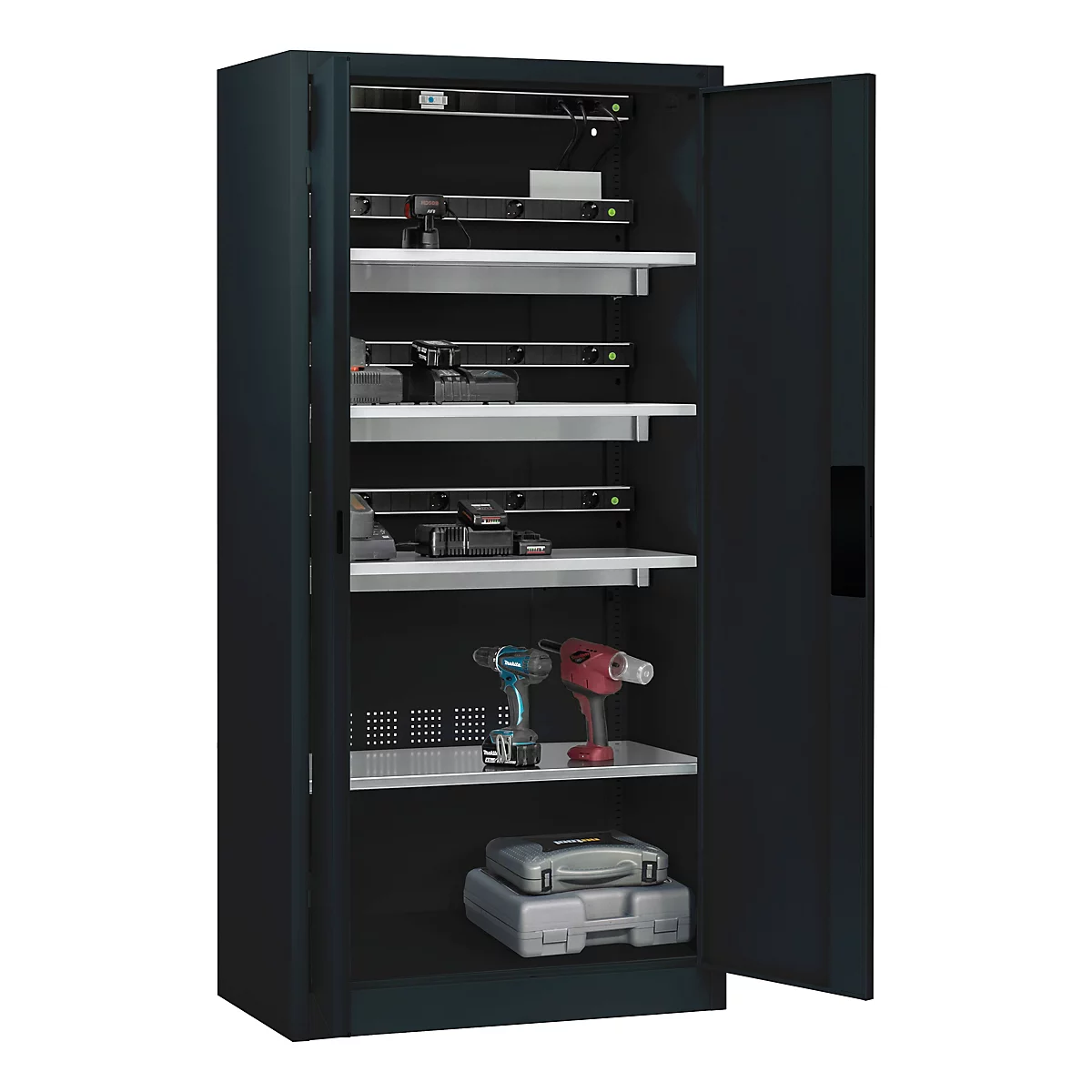 C+P Akkuladeschrank Acurado, abschließbar, mit Lüftung + Inneneinrichtung, B 930 x T 500 x H 1950 mm, Stahl, anthrazitgrau RAL 7016/anthrazitgrau RAL 7016