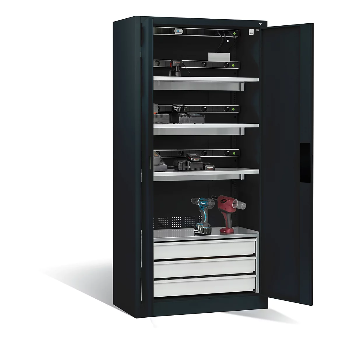 C+P Akkuladeschrank Acurado, abschließbar, mit Lüftung + Inneneinrichtung, B 930 x T 500 x H 1950 mm, Stahl, anthrazitgrau RAL 7016/anthrazitgrau RAL 7016