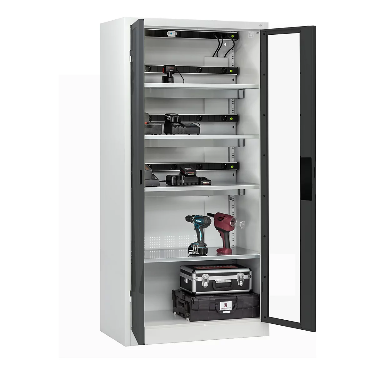 C+P Akkuladeschrank Acurado, abschließbar, mit Lüftung + Inneneinrichtung, B 930 x T 500 x H 1950 mm, Stahl, anthrazitgrau RAL 7016/lichtgrau RAL 7035