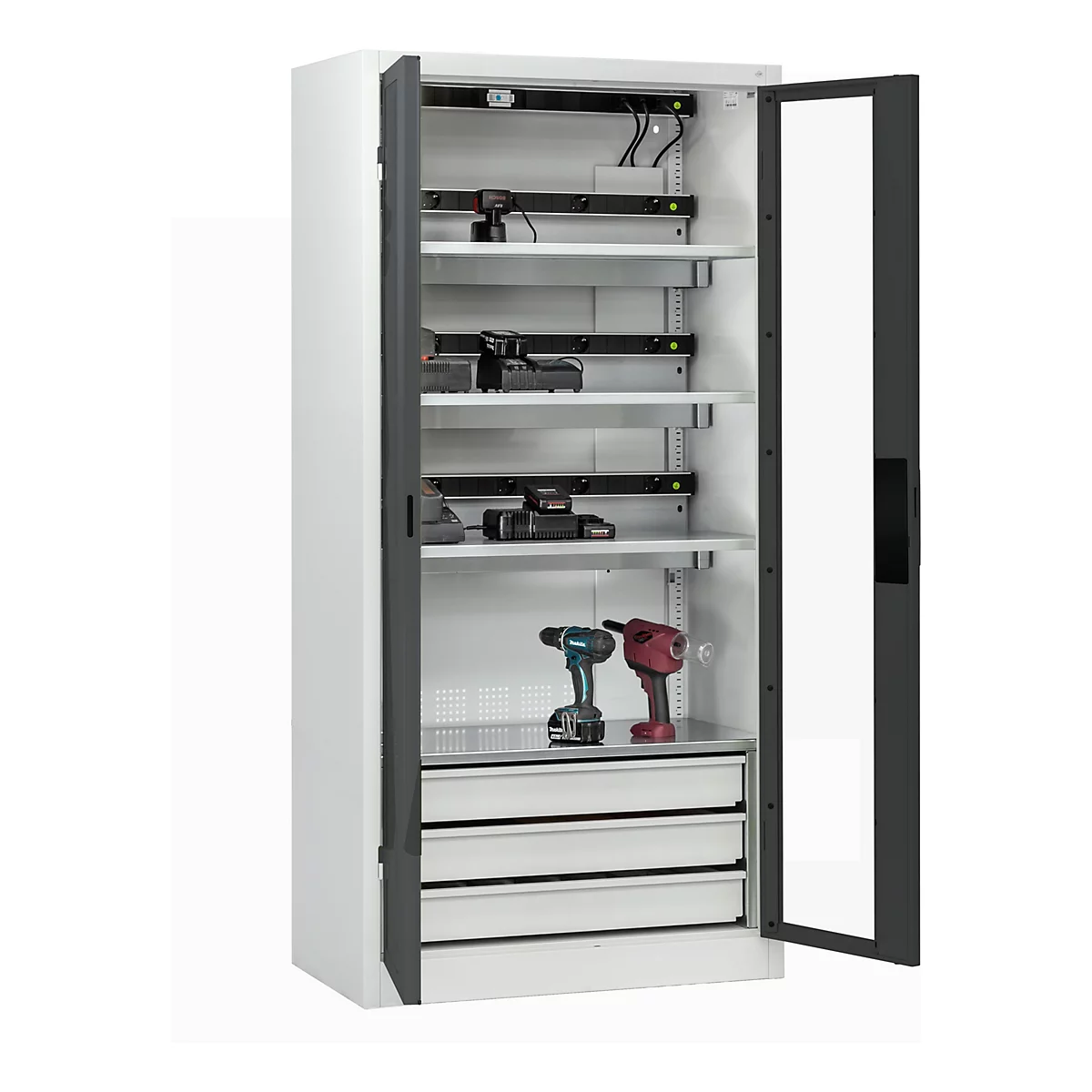 Grauer Werkzeugschrank, Tür offen, mit Werkzeugen und Schubladen gefüllt.