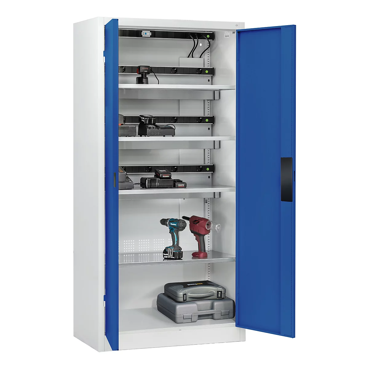 C+P Akkuladeschrank Acurado, abschließbar, mit Lüftung + Inneneinrichtung, B 930 x T 500 x H 1950 mm, Stahl, enzianblau RAL 5010/lichtgrau RAL 7035