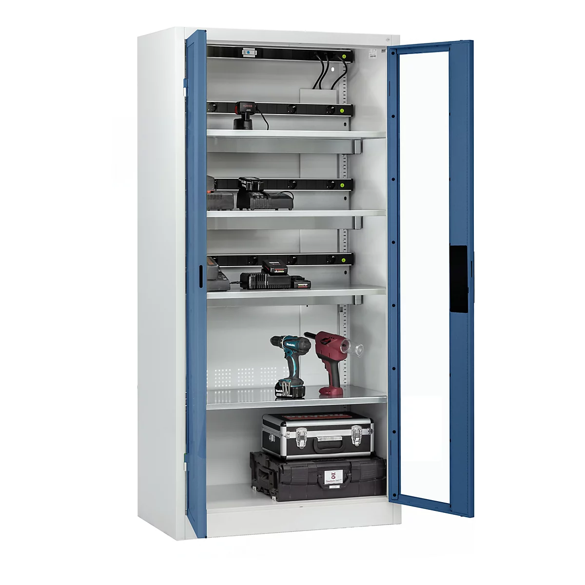 C+P Akkuladeschrank Acurado, abschließbar, mit Lüftung + Inneneinrichtung, B 930 x T 500 x H 1950 mm, Stahl, fernblau RAL 5023/lichtgrau RAL 7035