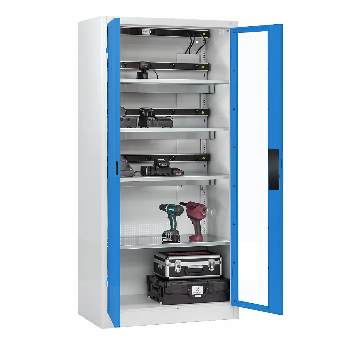 C+P Akkuladeschrank Acurado, abschließbar, mit Lüftung + Inneneinrichtung, B 930 x T 500 x H 1950 mm, Stahl, lichtblau RAL 5012/lichtgrau RAL 7035