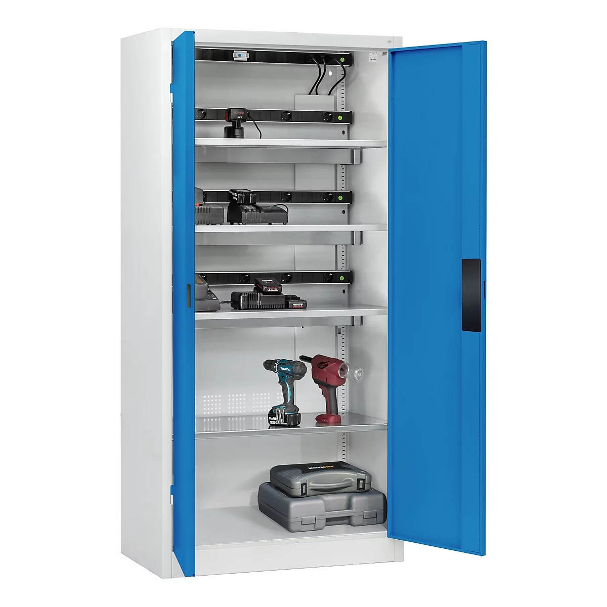 Offener Werkzeugschrank mit blauem Türrahmen, gefüllt mit Werkzeugen. Der Schrank ist weiß mit blauer Tür.