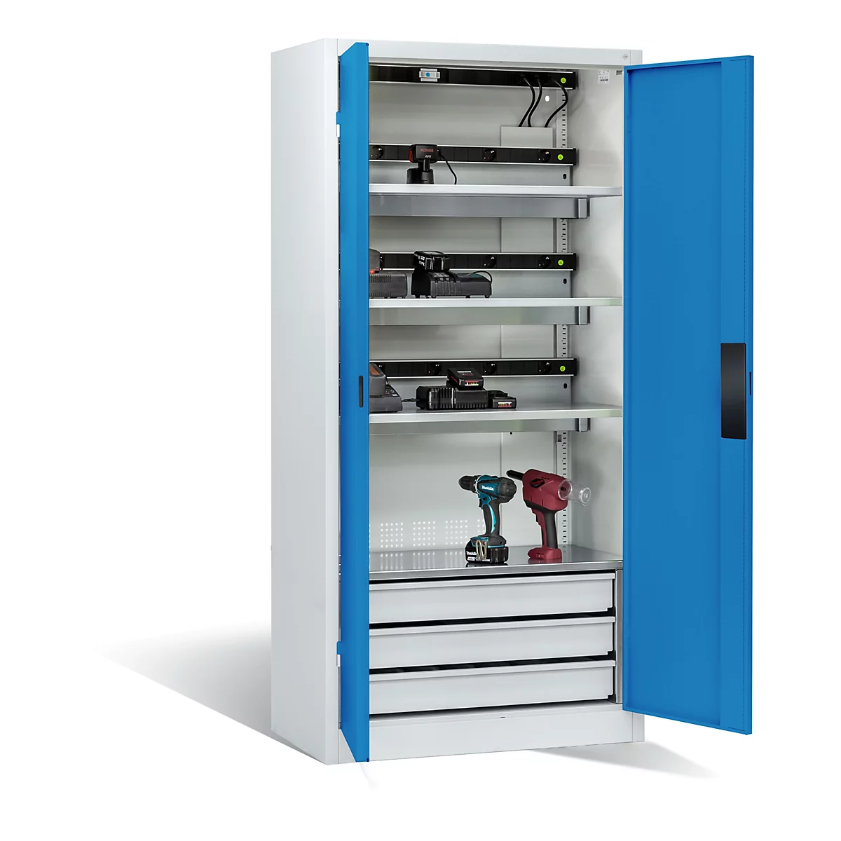 C+P Akkuladeschrank Acurado, abschließbar, mit Lüftung + Inneneinrichtung, B 930 x T 500 x H 1950 mm, Stahl, lichtblau RAL 5012/lichtgrau RAL 7035