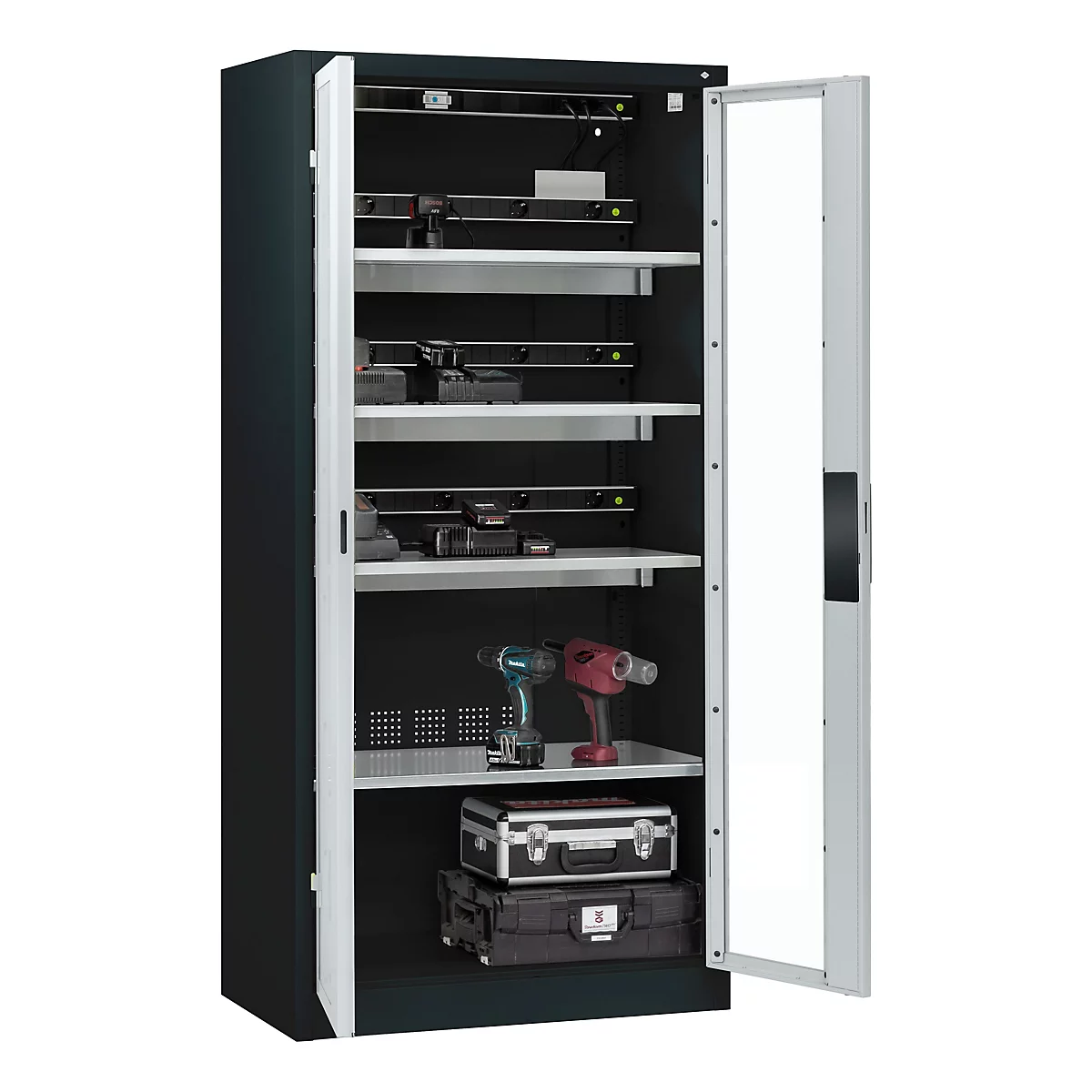 C+P Akkuladeschrank Acurado, abschließbar, mit Lüftung + Inneneinrichtung, B 930 x T 500 x H 1950 mm, Stahl, lichtgrau RAL 7035/anthrazitgrau RAL 7016
