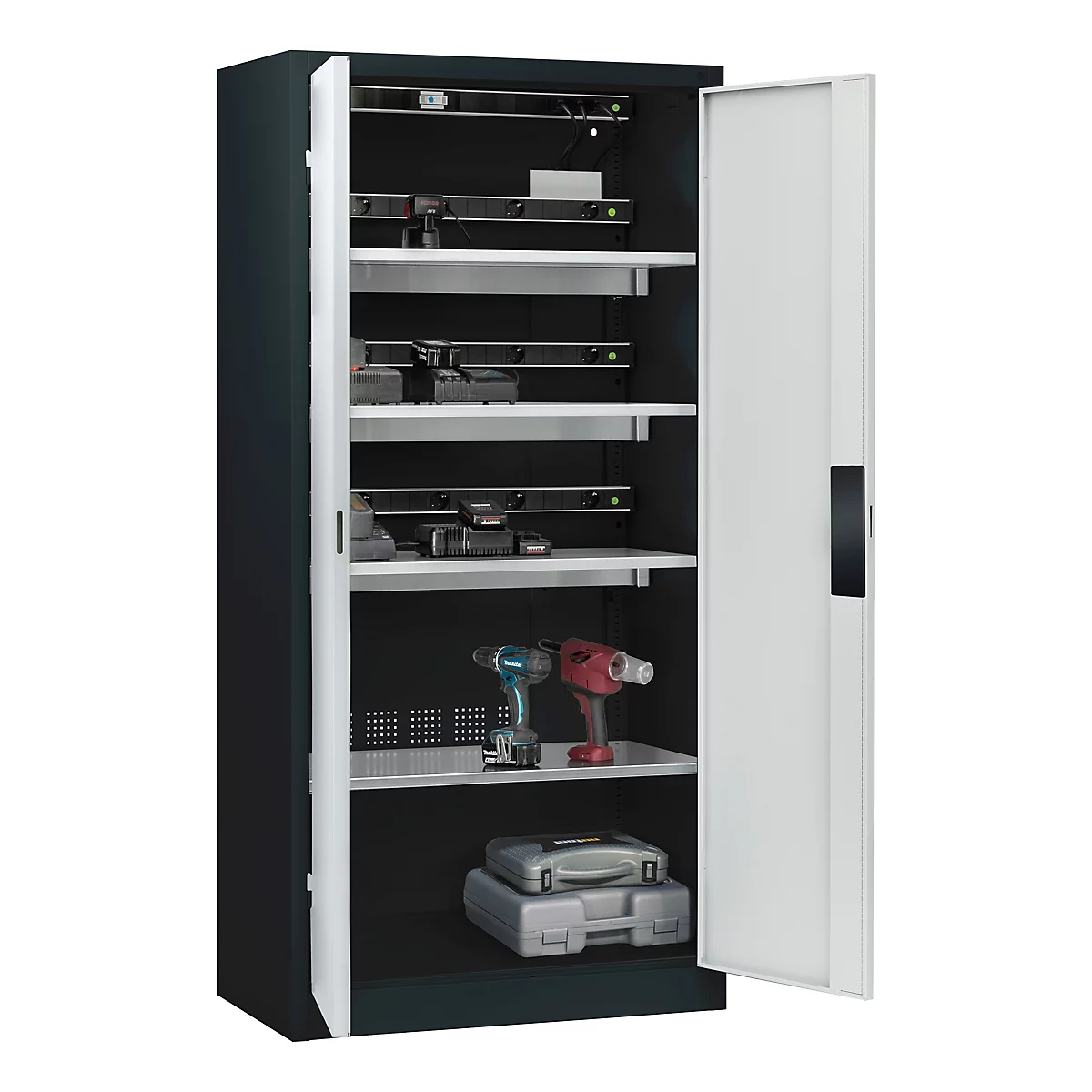 C+P Akkuladeschrank Acurado, abschließbar, mit Lüftung + Inneneinrichtung, B 930 x T 500 x H 1950 mm, Stahl, lichtgrau RAL 7035/anthrazitgrau RAL 7016