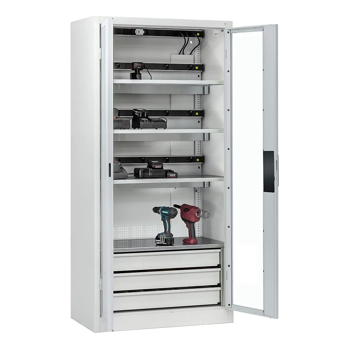 C+P Akkuladeschrank Acurado, abschließbar, mit Lüftung + Inneneinrichtung, B 930 x T 500 x H 1950 mm, Stahl, lichtgrau RAL 7035/lichtgrau RAL 7035