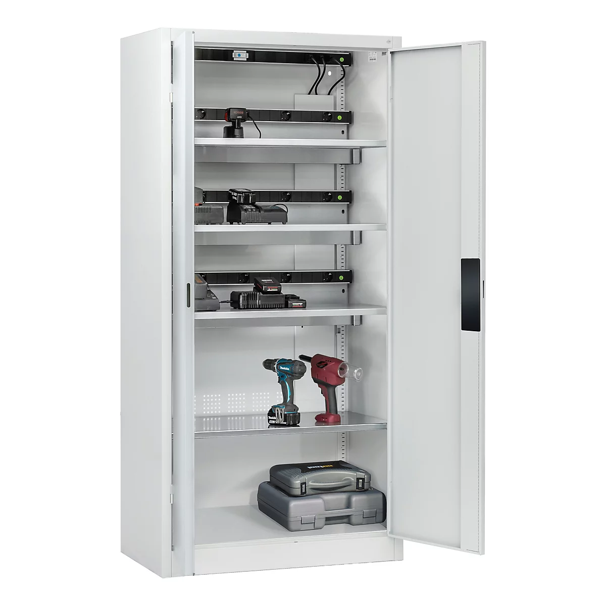 C+P Akkuladeschrank Acurado, abschließbar, mit Lüftung + Inneneinrichtung, B 930 x T 500 x H 1950 mm, Stahl, lichtgrau RAL 7035/lichtgrau RAL 7035