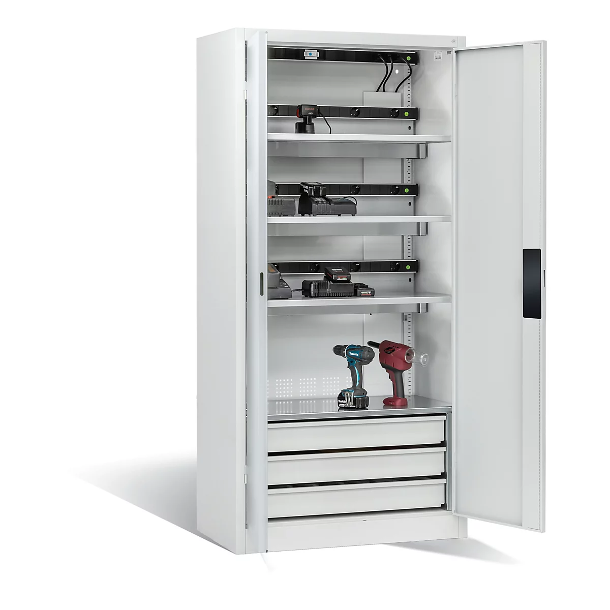 C+P Akkuladeschrank Acurado, abschließbar, mit Lüftung + Inneneinrichtung, B 930 x T 500 x H 1950 mm, Stahl, lichtgrau RAL 7035/lichtgrau RAL 7035