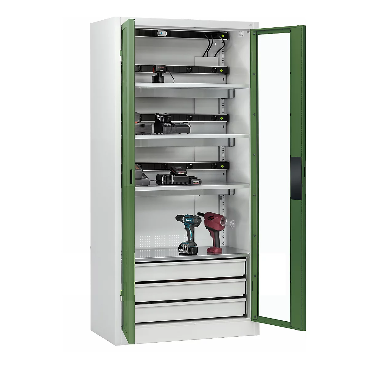 C+P Akkuladeschrank Acurado, abschließbar, mit Lüftung + Inneneinrichtung, B 930 x T 500 x H 1950 mm, Stahl, resedagrün RAL 6011/lichtgrau RAL 7035
