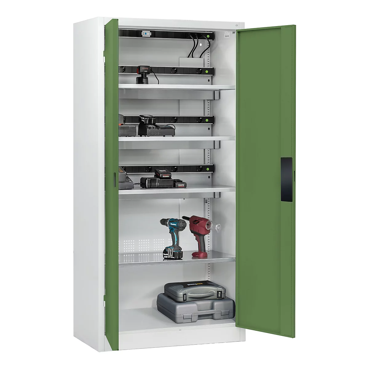 C+P Akkuladeschrank Acurado, abschließbar, mit Lüftung + Inneneinrichtung, B 930 x T 500 x H 1950 mm, Stahl, resedagrün RAL 6011/lichtgrau RAL 7035