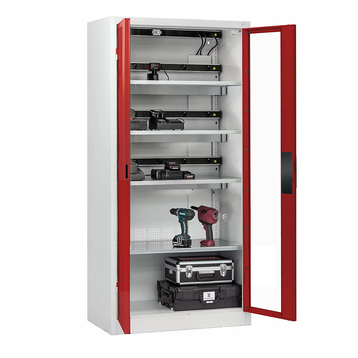 C+P Akkuladeschrank Acurado, abschließbar, mit Lüftung + Inneneinrichtung, B 930 x T 500 x H 1950 mm, Stahl, rubinrot RAL 3003/lichtgrau RAL 7035
