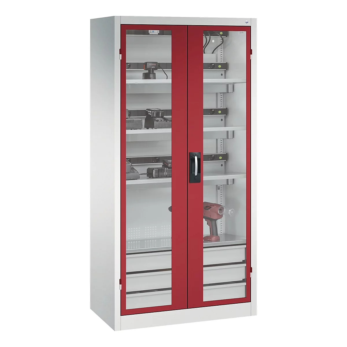 C+P Akkuladeschrank Acurado, abschließbar, mit Lüftung + Inneneinrichtung, B 930 x T 500 x H 1950 mm, Stahl, rubinrot RAL 3003/lichtgrau RAL 7035