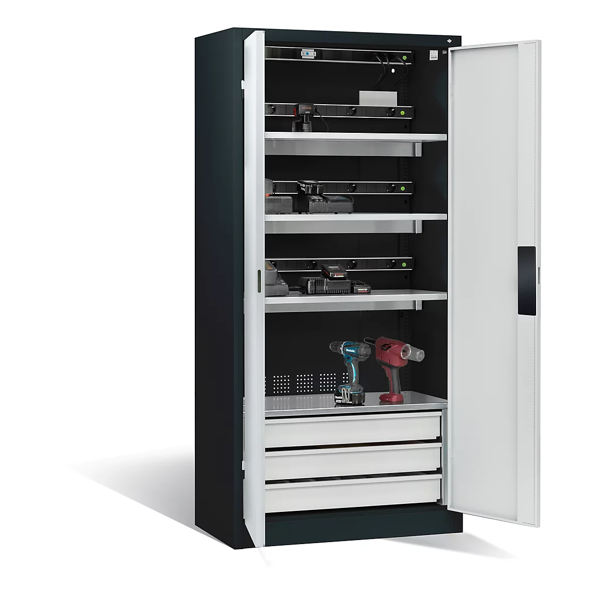 C+P Akkuladeschrank Comfort mit Vollblechtüren, H 1950 x B 930 x T 500 mm, Anthrazit/Lichtgrau