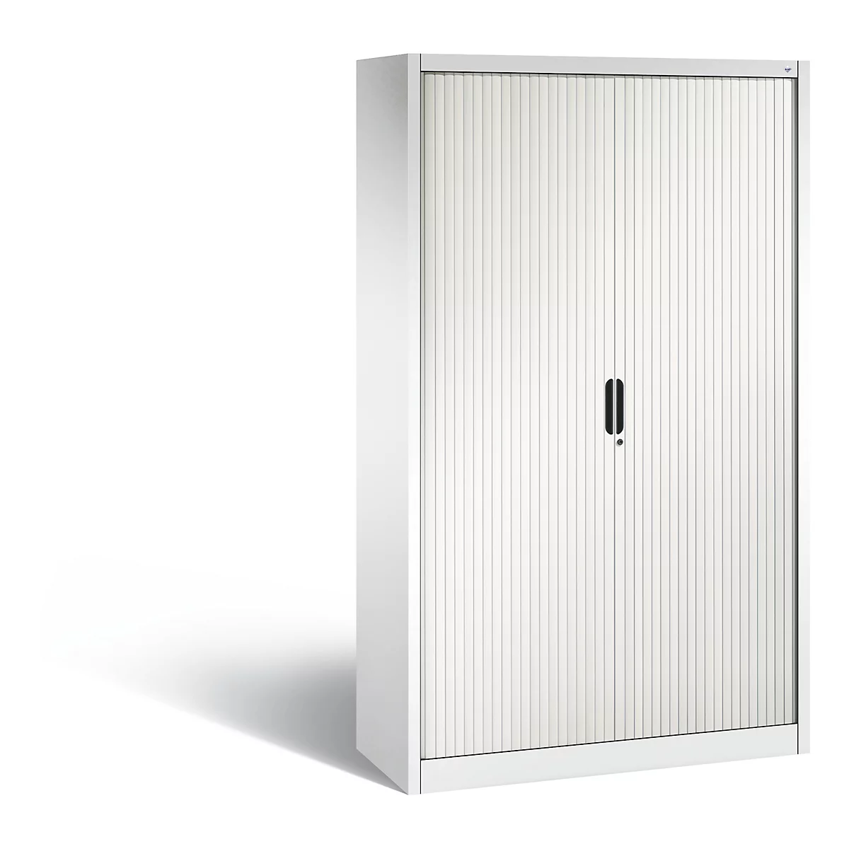 Classeur blanc avec portes cannelées et poignée noire. Ombre sur fond blanc.