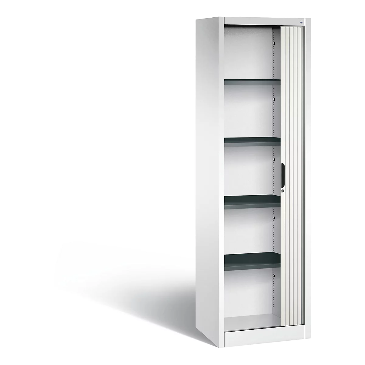 Armoire blanche avec volet roulant, porte ouverte, étagères grises.