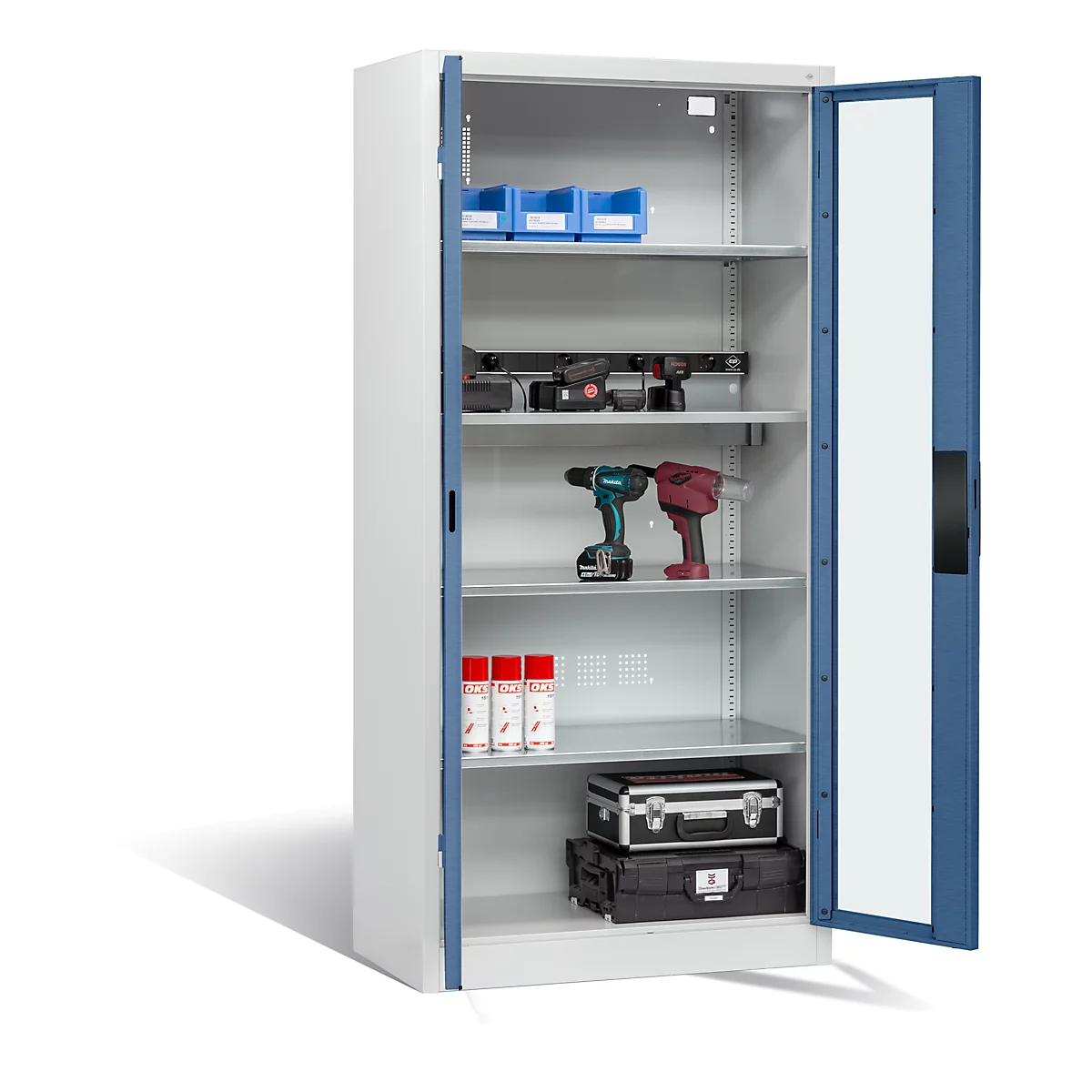 C+P Basic batterijlaadkast met acrylglas doorkijkvenster, H 1950 x B 930 x D 500 mm, lichtgrijs/blauw