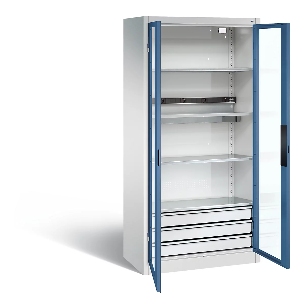C+P Basic batterijlaadkast met acrylglas doorkijkvenster, H 1950 x B 930 x D 500 mm, lichtgrijs/blauw