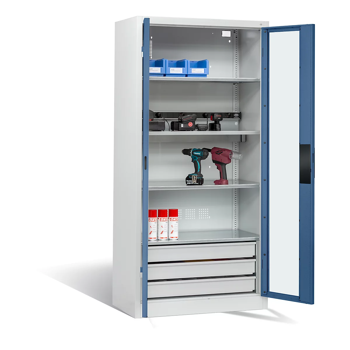 C+P Basic batterijlaadkast met acrylglas doorkijkvenster, H 1950 x B 930 x D 500 mm, lichtgrijs/blauw