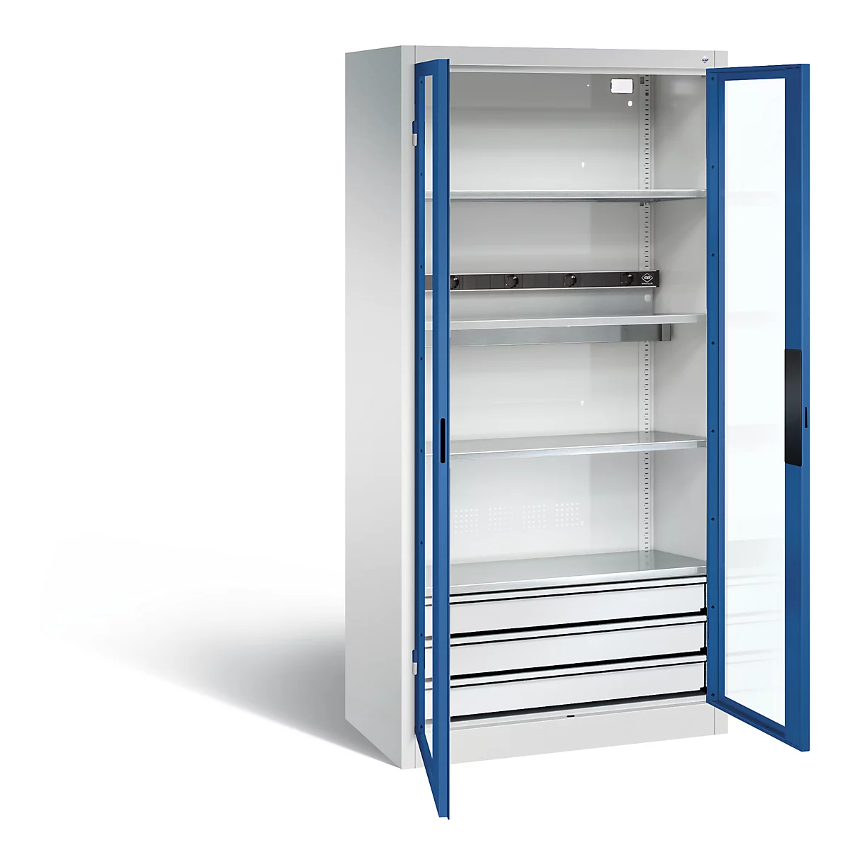 C+P Basic batterijlaadkast met acrylglas doorkijkvenster, H 1950 x B 930 x D 500 mm, lichtgrijs/ gentiaanblauw