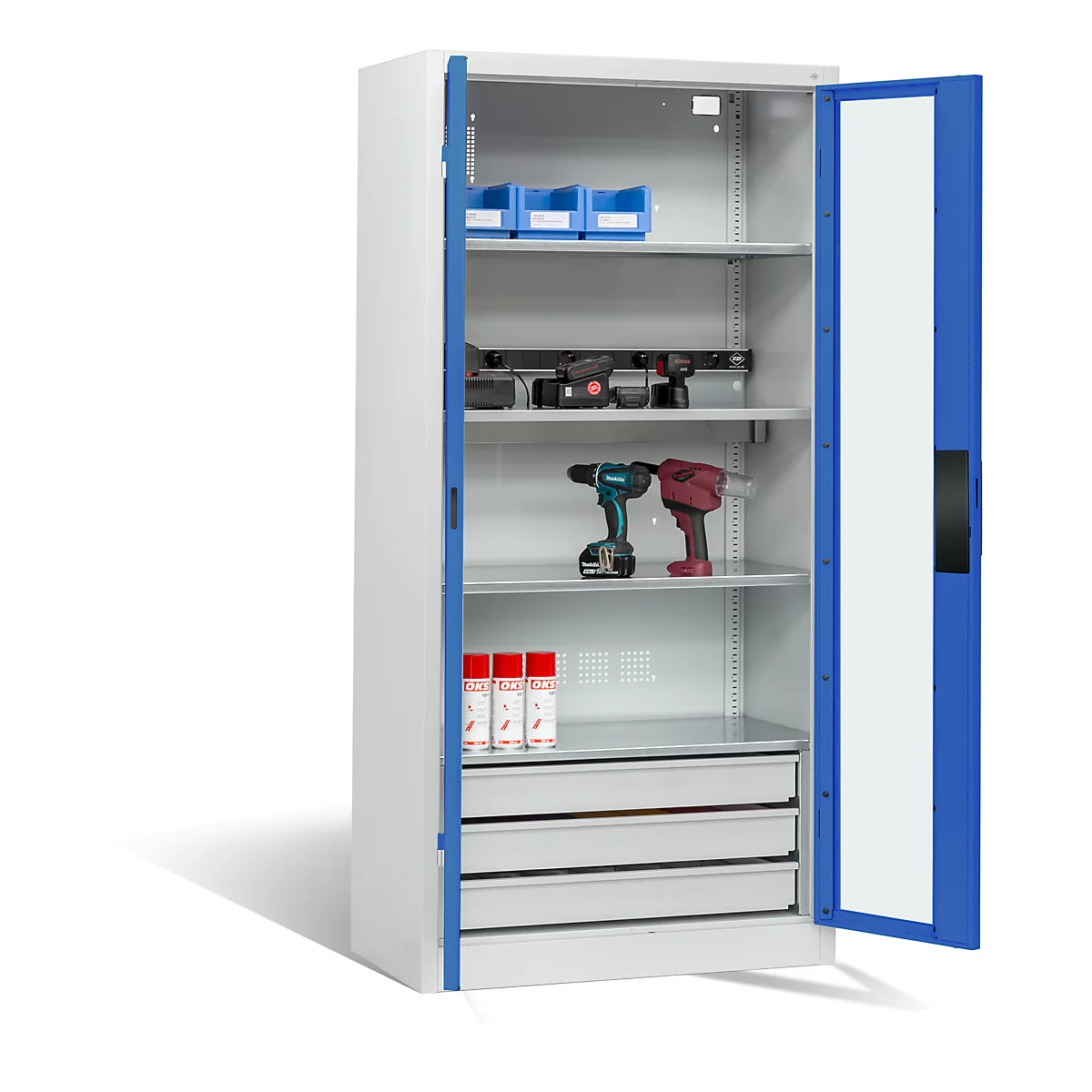 C+P Basic batterijlaadkast met acrylglas doorkijkvenster, H 1950 x B 930 x D 500 mm, lichtgrijs/ gentiaanblauw