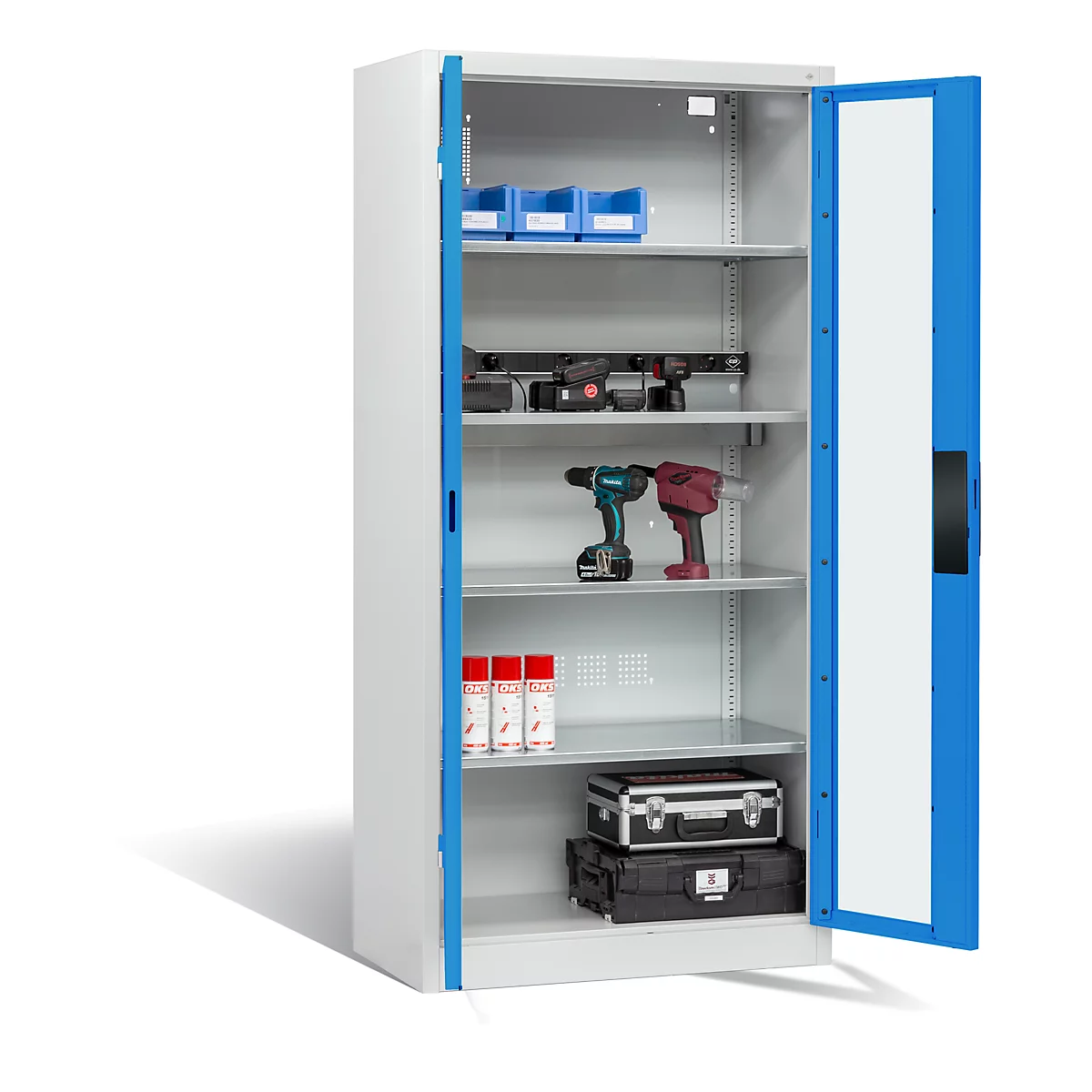 C+P Basic batterijlaadkast met acrylglas doorkijkvenster, H 1950 x B 930 x D 500 mm, lichtgrijs/lichtblauw