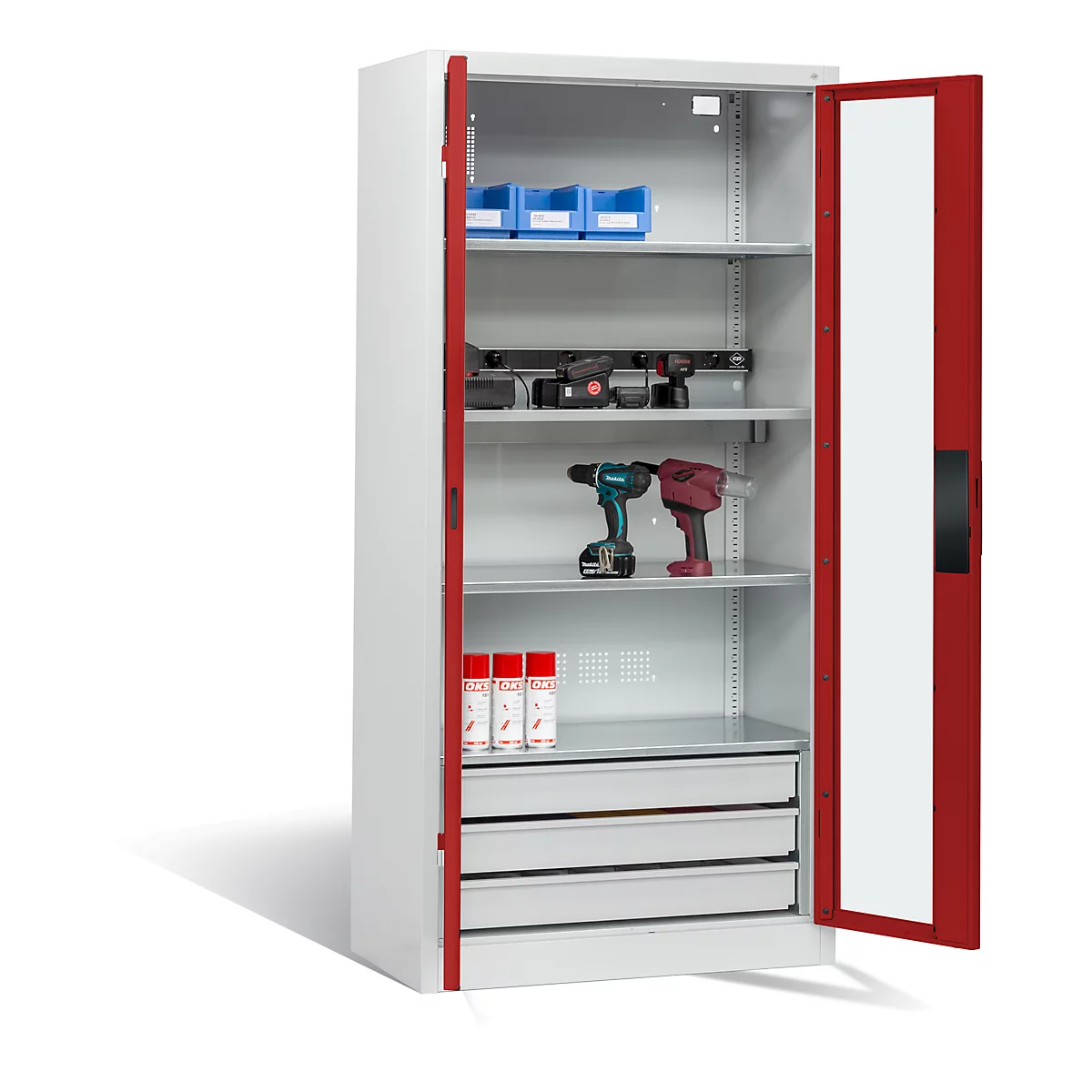 C+P Basic batterijlaadkast met acrylglas doorkijkvenster, H 1950 x B 930 x D 500 mm, lichtgrijs/roodbruin