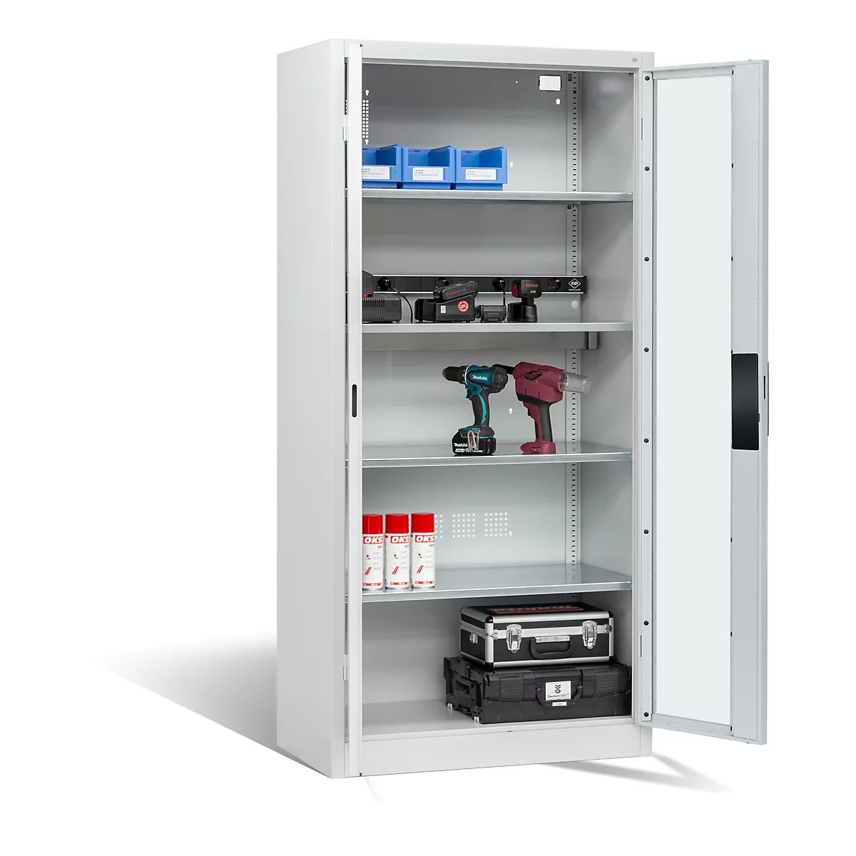 C+P Basic batterijlaadkast met kijkvenster van acrylglas, H 1950 x B 930 x D 500 mm, lichtgrijs