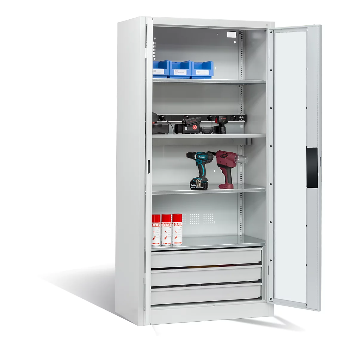 C+P Basic batterijlaadkast met kijkvenster van acrylglas, H 1950 x B 930 x D 500 mm, lichtgrijs