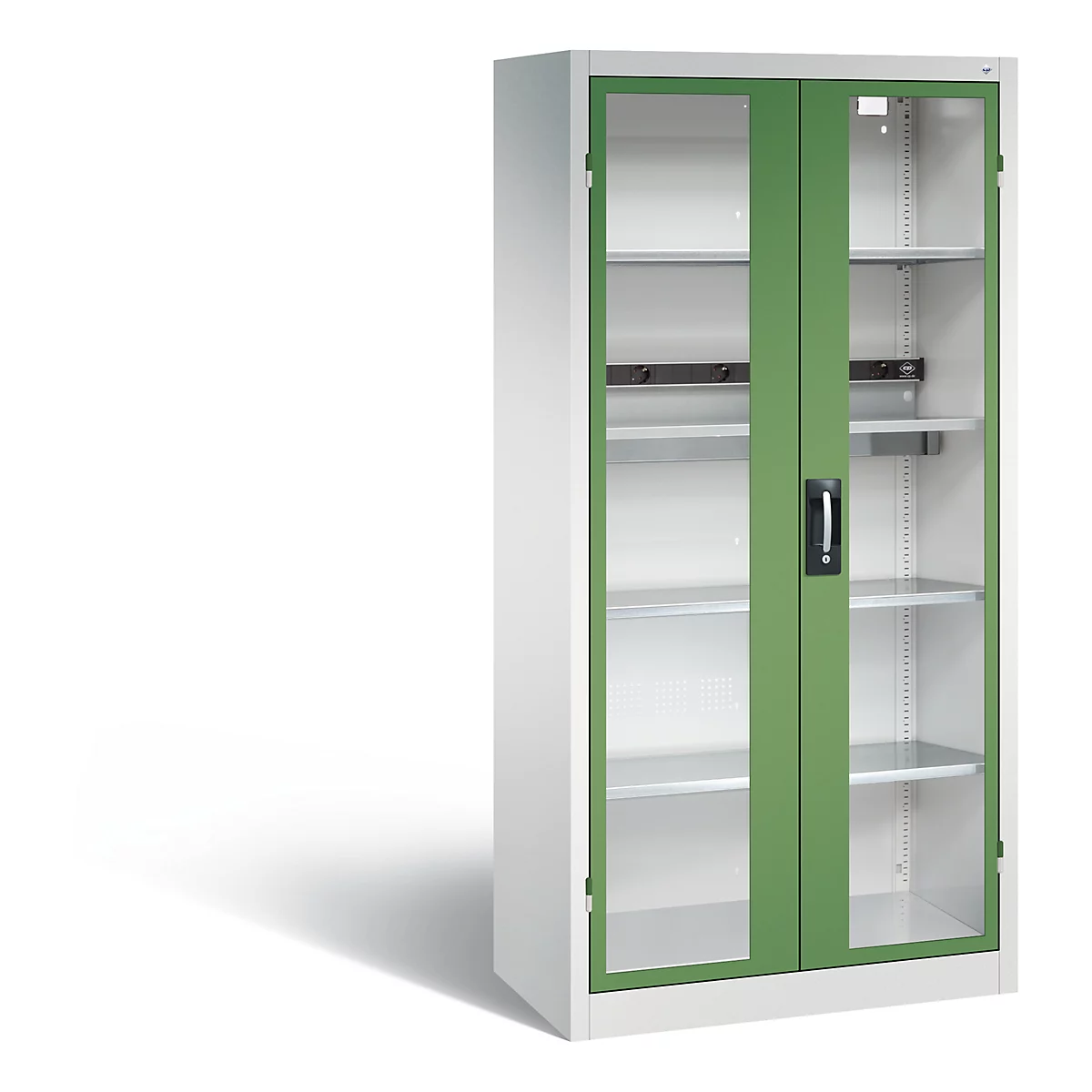 C+P Basic batterijlaadkast met kijkvenster van acrylglas, H 1950 x B 930 x D 500 mm, lichtgrijs/resedagroen