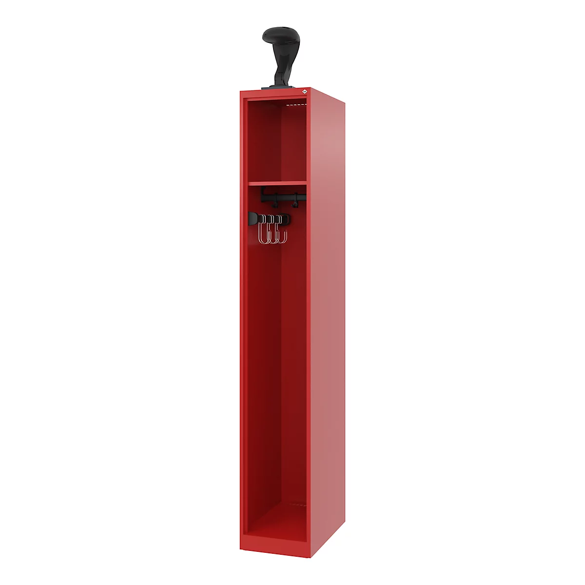 C+P brandweerkluis Evolo, model EXPERT, 1 vak, B 300 x D 500 x H 1850 mm, vloerglijders, helmhouder, vuurrood RAL 3000