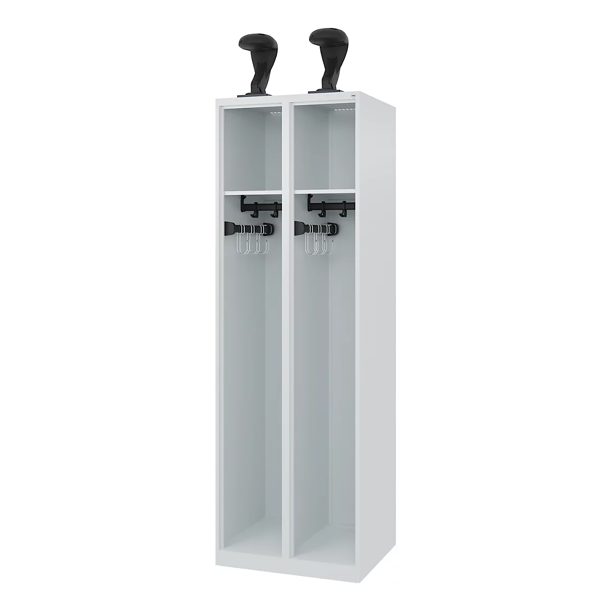 C+P brandweerkluis Evolo, model EXPERT, 2 vakken, B 600 x D 500 x H 1850 mm, vloerglijders, helmhouder, lichtgrijs RAL 7035